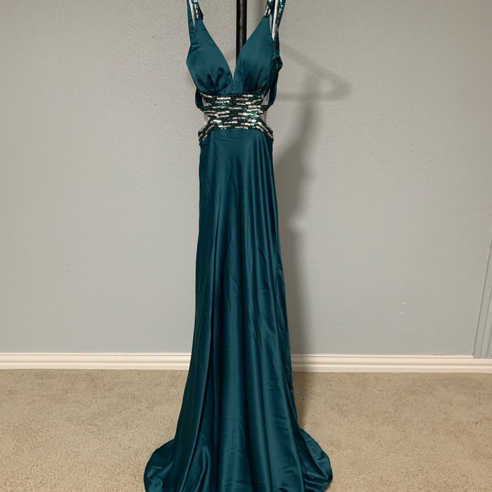 David's Bridal Teal Maxi Dress with Sequin Detail